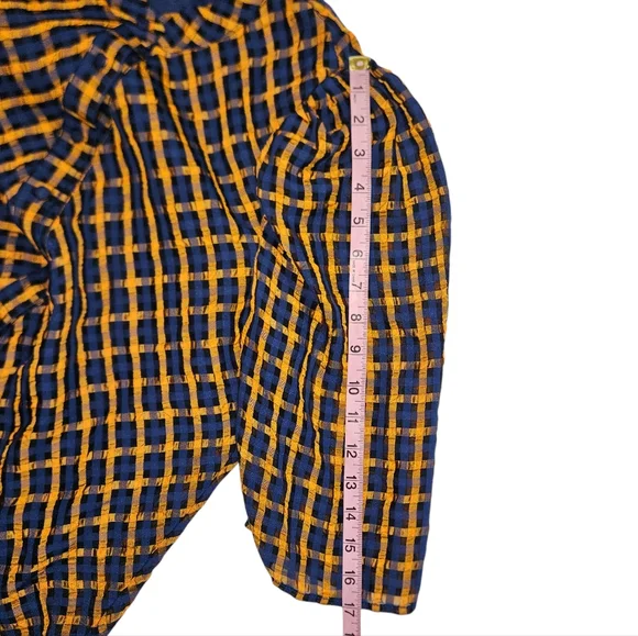 Eva Franco Anthropologie Textured Blue Yellow Plaid Blouse Size 2 Puff Sleeves - Picture 16 of 16
